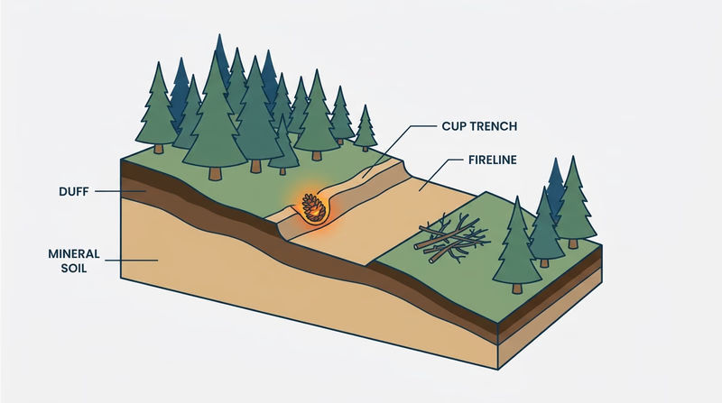 Cross-section side view of a handline cut across a forested slope, showing the duff and litter layer scraped away down to bare mineral soil, the cleared line width, a cup trench dug into the uphill side with a raised lip catching a rolling burning pine cone, and cut brush thrown to the downhill green side away from the fire