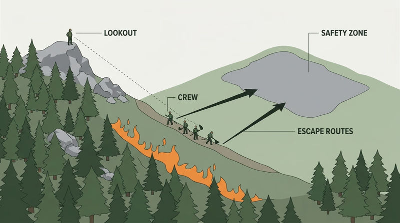 Diagram of a hillside fireline showing a lookout posted on a high point with sight lines to both the fire and the crew, radio communication links between lookout, crew boss, and division supervisor, two marked escape routes leading away from the line, and a safety zone in a large cooled black area