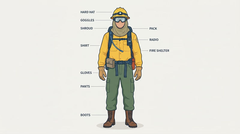 Full-length illustration of a wildland firefighter in complete PPE with call-out labels for hard hat with chin strap, goggles, neck shroud, yellow flame-resistant shirt, green flame-resistant pants, leather gloves, 8-inch lace-up leather boots with lug soles, line gear pack, hydration bladder, radio, headlamp, and fire shelter case on the belt