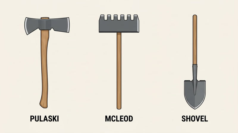 Side-by-side labeled illustration of a pulaski, a McLeod, and a wildland fire shovel, with call-outs identifying the axe and adze faces of the pulaski, the rake teeth and hoe edge of the McLeod, and the tapered sharpened blade of the fire shovel