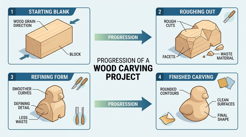 Four-stage sequence showing a simple neckerchief slide or small figure from rough block to finished rounded carving