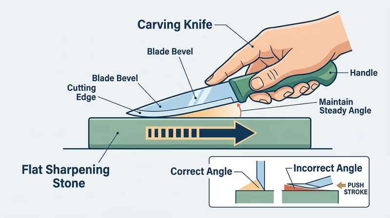 Carving knife held at a steady bevel angle on a sharpening stone with arrows showing controlled stroke direction