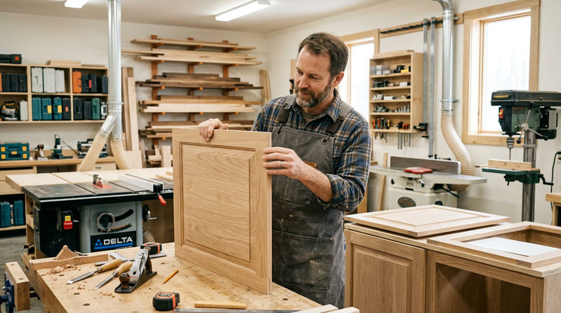 A professional cabinetmaker in a well-equipped workshop examining a custom cabinet door, with large stationary power tools, organized lumber racks, and finished cabinet components visible in the background