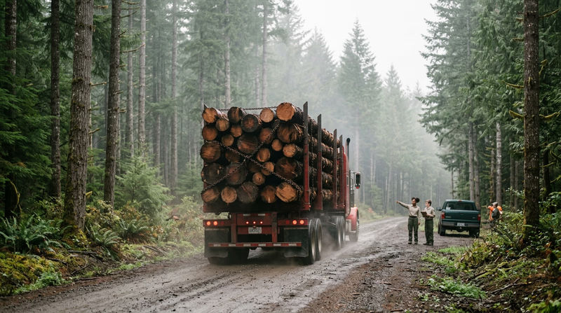 A loaded logging truck carrying large timber logs on a forest road, with tall evergreen trees lining both sides and morning mist in the air