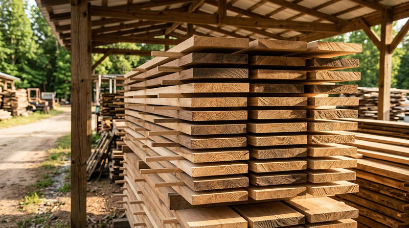 Freshly sawn lumber boards stacked in neat rows with thin wooden sticker spacers between each layer for air drying, in a covered outdoor lumber yard with dappled sunlight