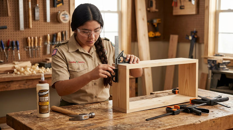A Scout carefully assembling a wooden shelf project on a workbench, using a combination square to check that the corner is at 90 degrees, with wood glue, a small hammer, and clamps nearby
