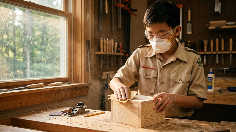 A Scout wearing an N95 dust mask and safety glasses while hand-sanding a wooden project at a workbench, fine dust particles visible in a beam of sunlight