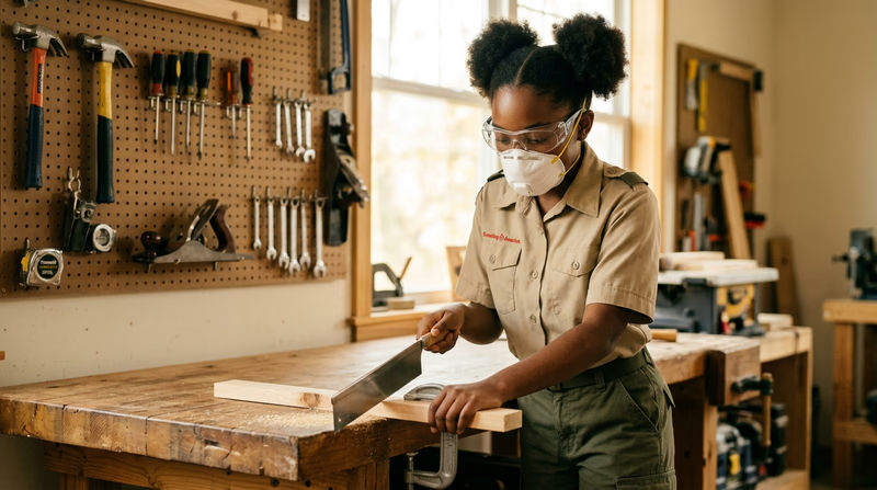 A Scout wearing clear safety glasses and a dust mask while working at a sturdy wooden workbench, with hand tools organized nearby
