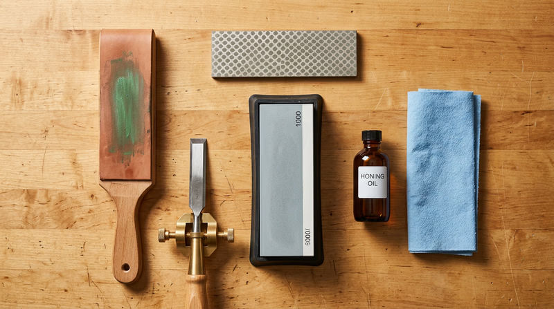 A flat lay arrangement of sharpening supplies on a workbench: a combination water stone in a holder, a leather strop, a honing guide with a chisel clamped in it, a small bottle of honing oil, and a flat diamond stone