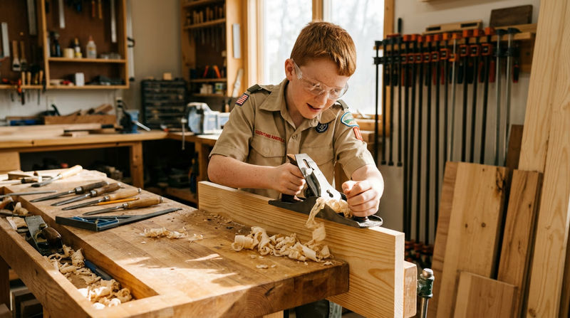 A Scout using a jack plane on a board clamped in a woodworking vise on a sturdy workbench, with thin wood shavings curling away from the plane, natural workshop lighting
