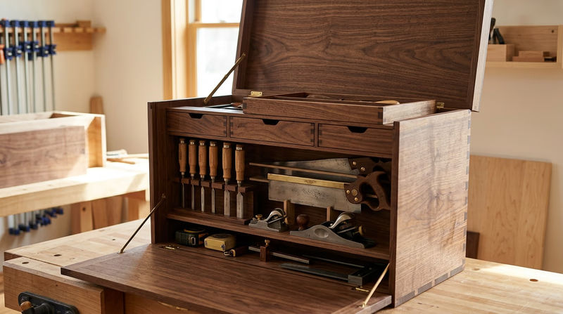 A traditional wooden tool chest with the lid open, revealing neatly organized hand tools — chisels in a rack, saws in dividers, planes on a shelf, and small tools in compartments, with warm ambient lighting