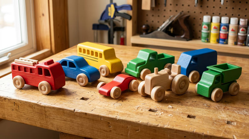 A collection of handmade wooden toy cars and trucks in various shapes, sanded smooth with rounded edges and finished with non-toxic paint in bright primary colors, arranged on a workbench