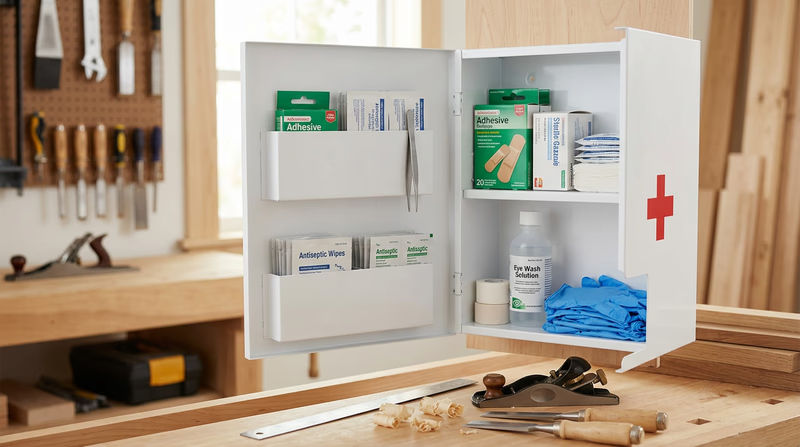 A well-stocked first aid kit mounted on a woodworking workshop wall, with the cabinet open showing bandages, gauze, antiseptic, tweezers, and eye wash, with a workbench visible in the background
