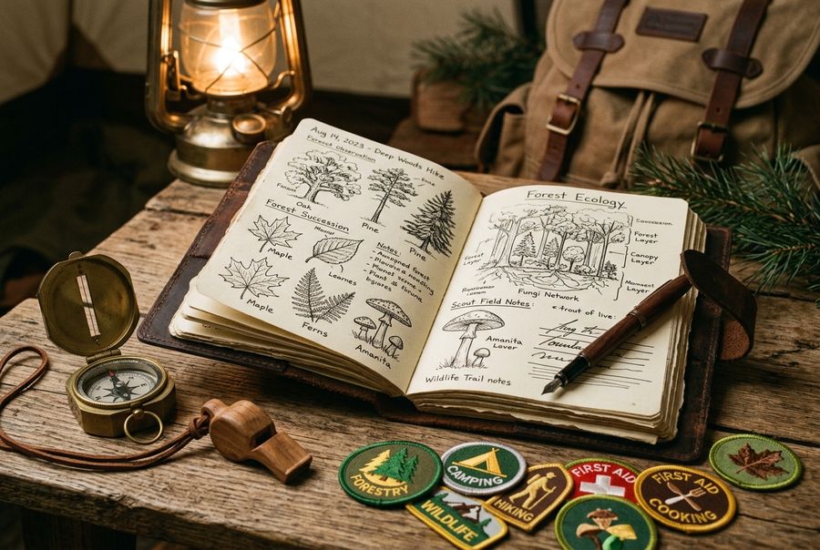 Scouting gear — a compass, trail map, and merit badges — arranged on a table
