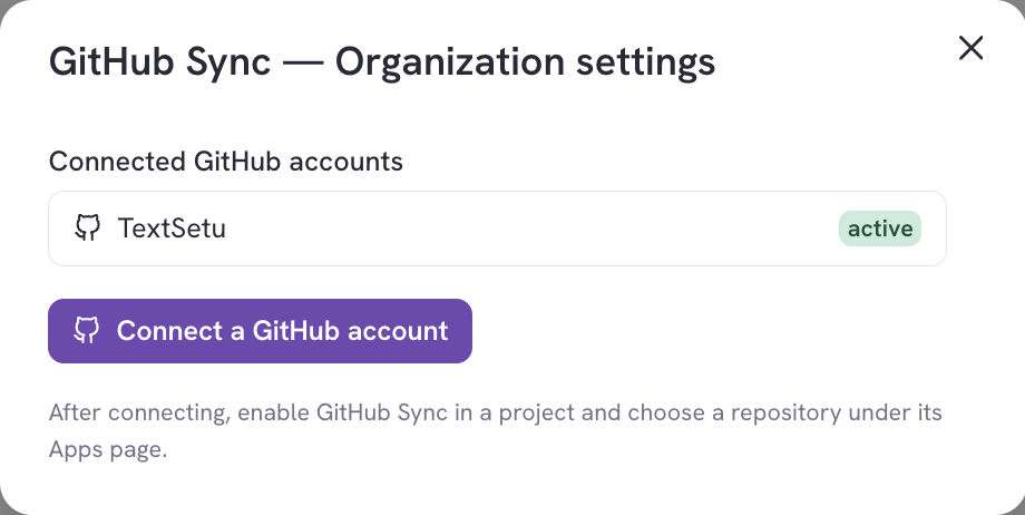 GitHub Sync organization settings showing connected GitHub accounts
