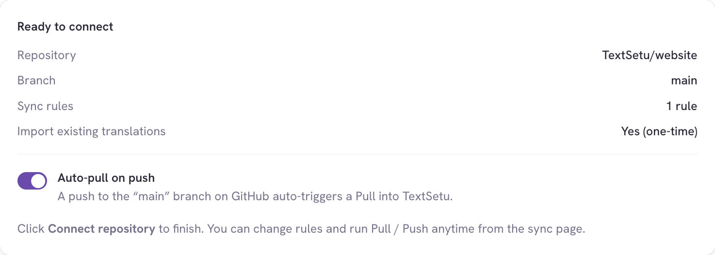 Setup wizard — review and the Auto-pull on push option