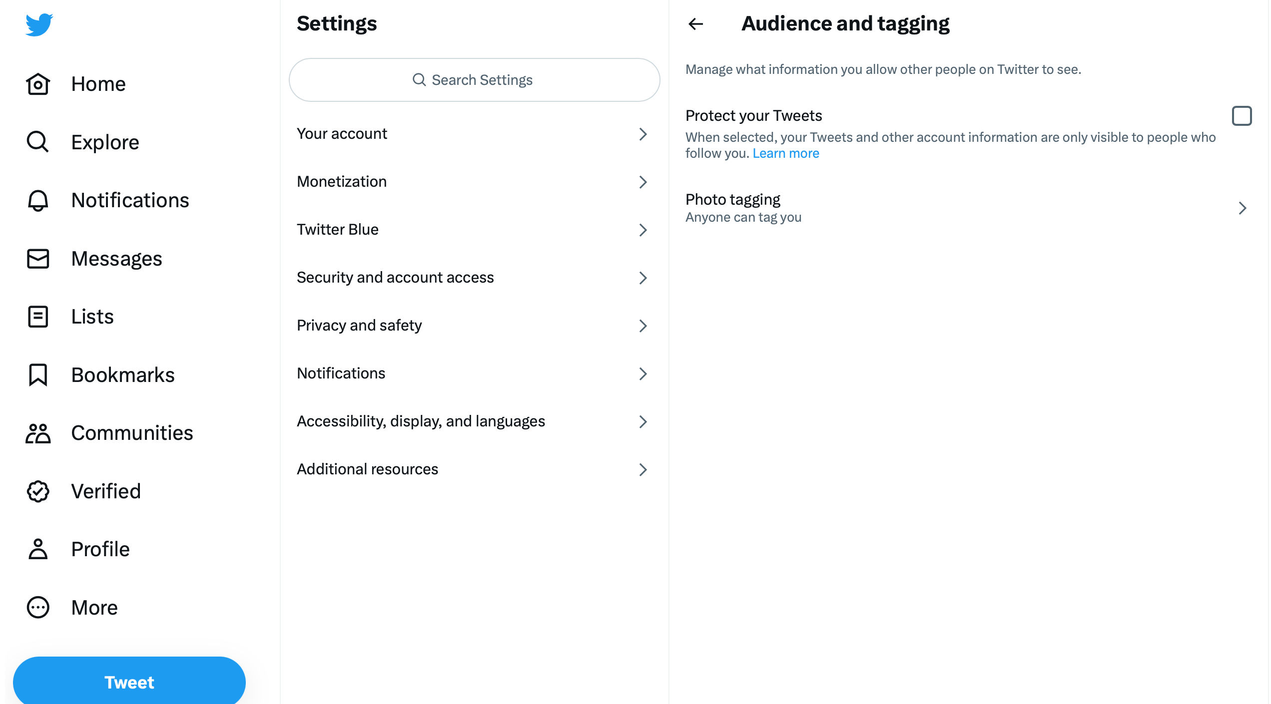 Your account settings and privacy page on twitter.com