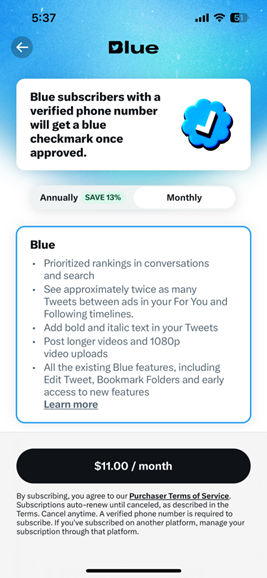 A screenshot of the Twitter blue features list, in-app