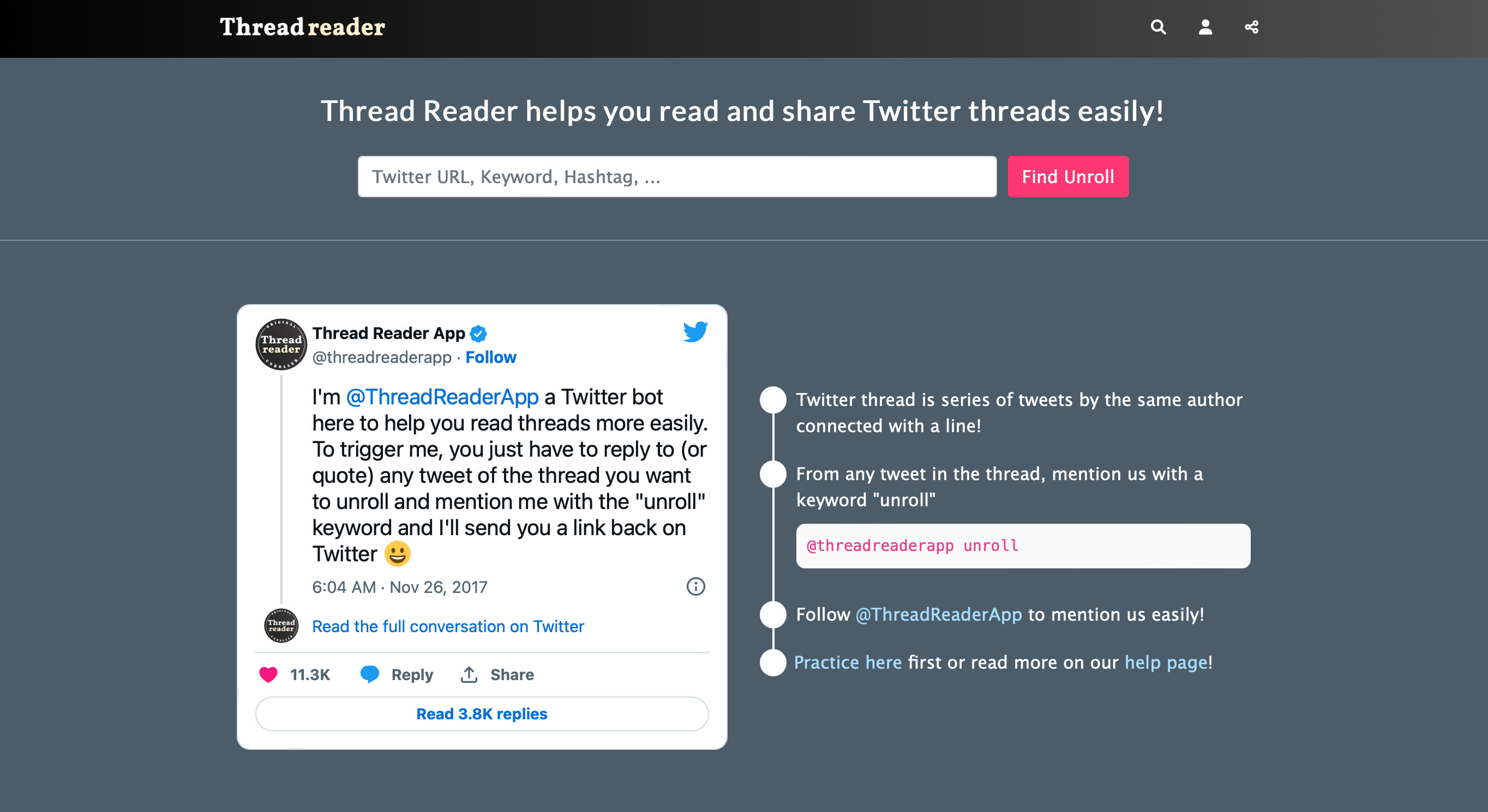 Screenshot of Thread Reader App's homepage