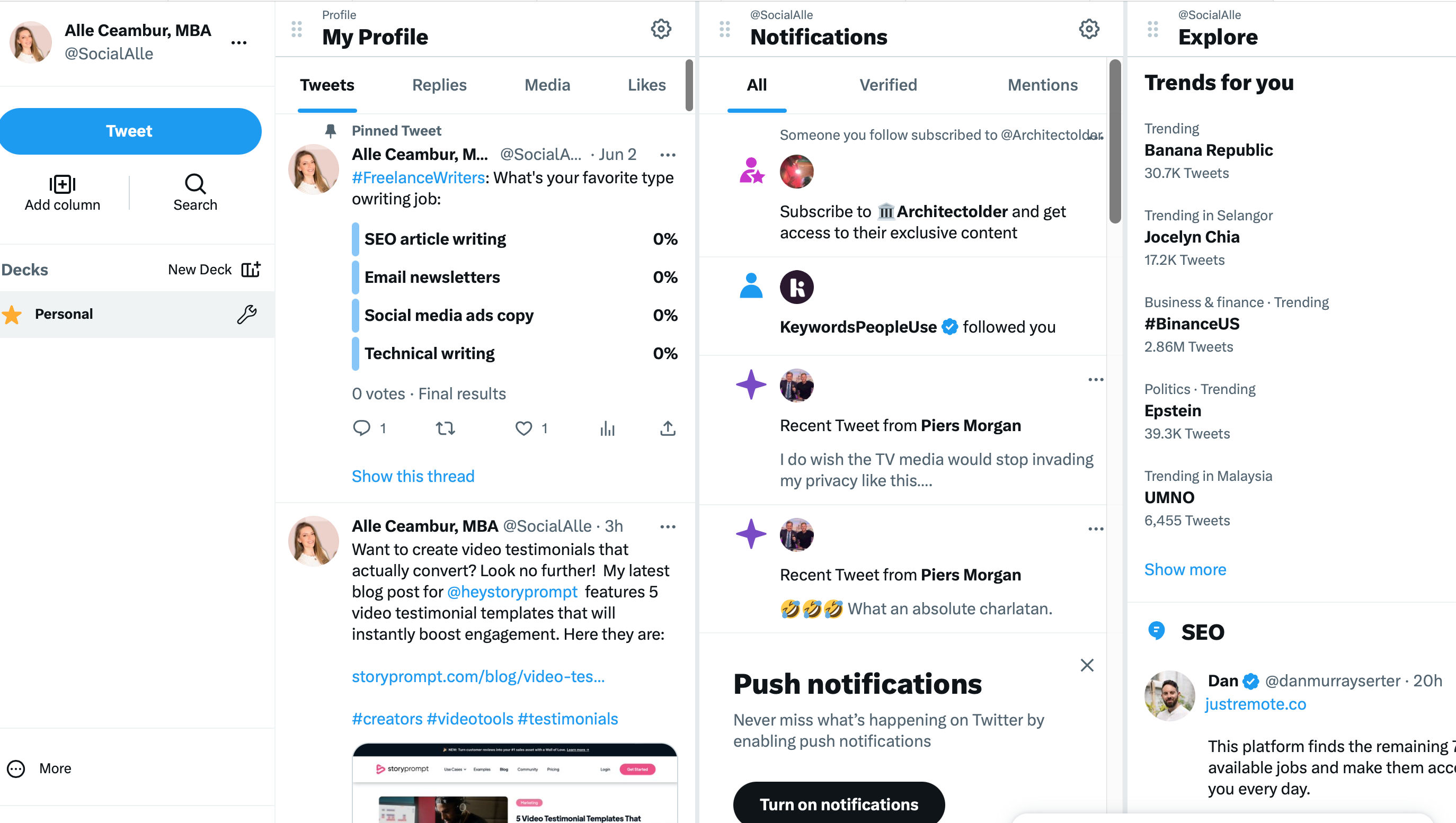 Screenshot of TweetDeck's dashboard