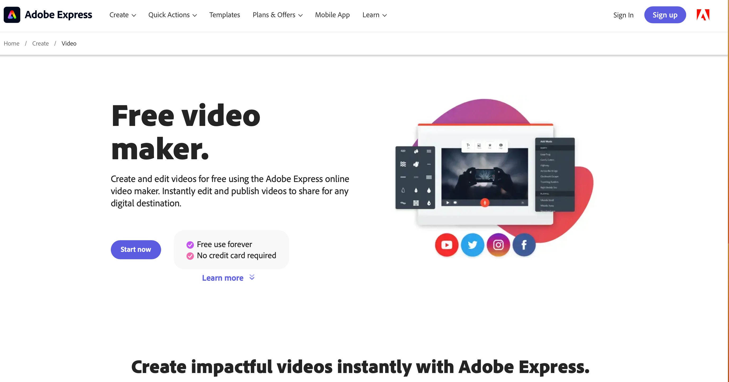Screenshot of Adobe Express homepage