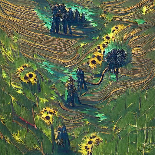 Tall happy sunflowers in sunlit field surrounded by trees, in the style of Vincent Van Gogh, trending on Artstation