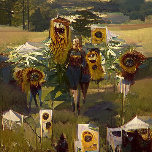 Tall happy sunflowers in sunlit field surrounded by trees trending on Artstation