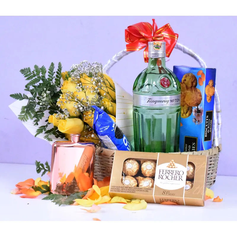 Tanqueray Gin & Yellow Roses Gift Basket liquor - Drinks Vine in Kenya