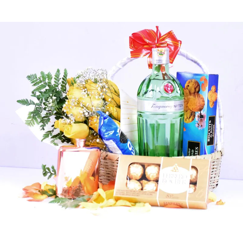Tanqueray Gin & Yellow Roses Gift Basket liquor - Drinks Vine in Kenya