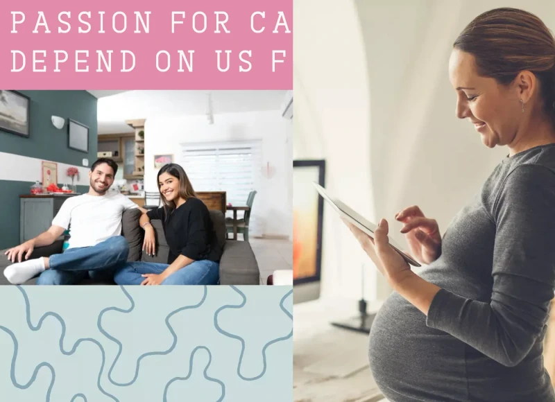 man and woman sitting on sofa and pregnant woman using tablet