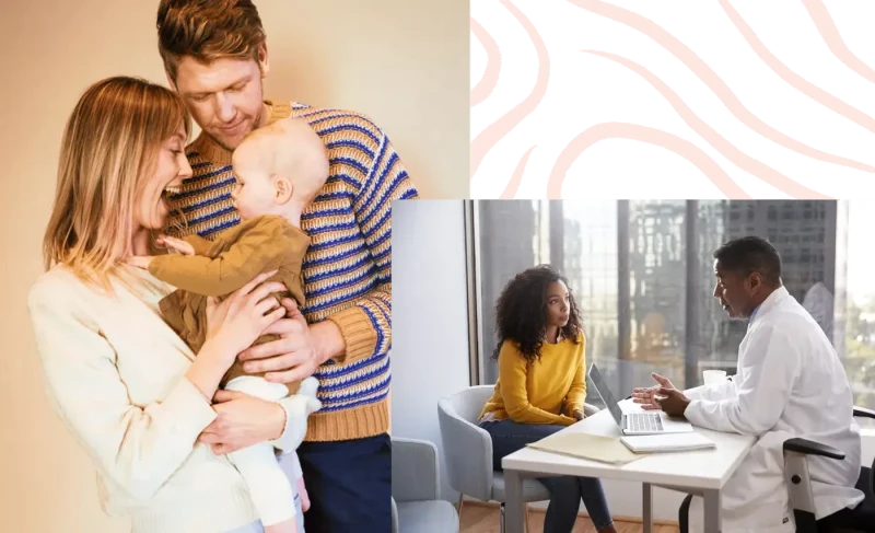 doctor in white coat sitting at desk across from woman patient and parents holding baby