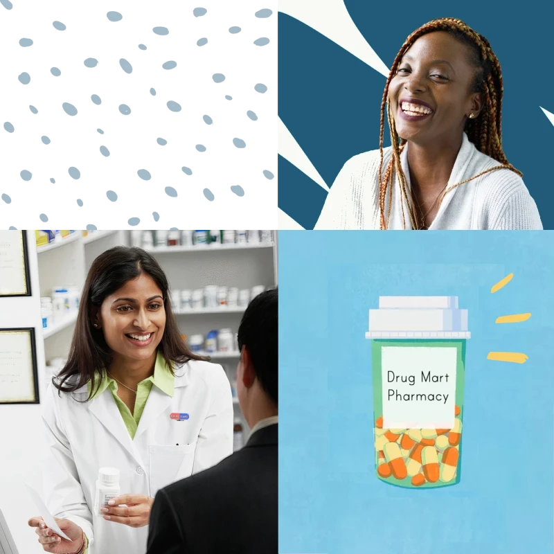 pharmacist helping a customer, a woman smiling, and a pill bottle