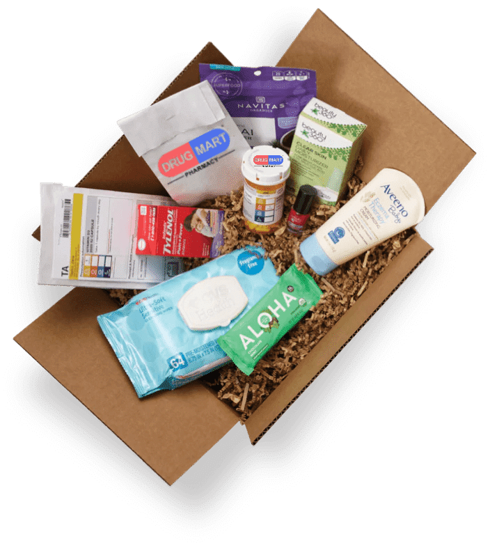 box with Drug Mart prescription bag and otc items