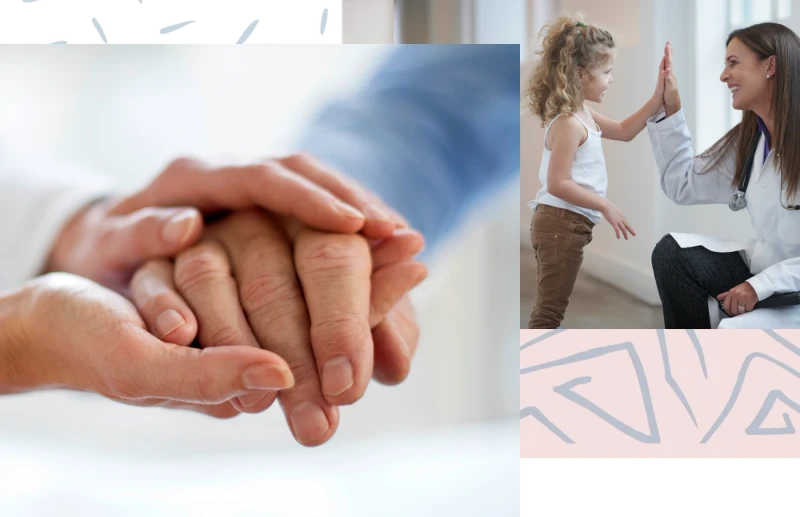 pharmacist holding patient hand, doctor high-five child collage