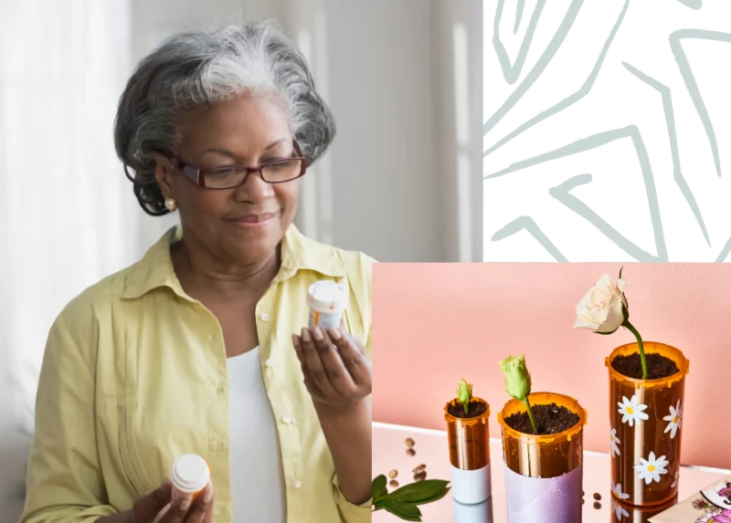 woman looking at prescription bottles