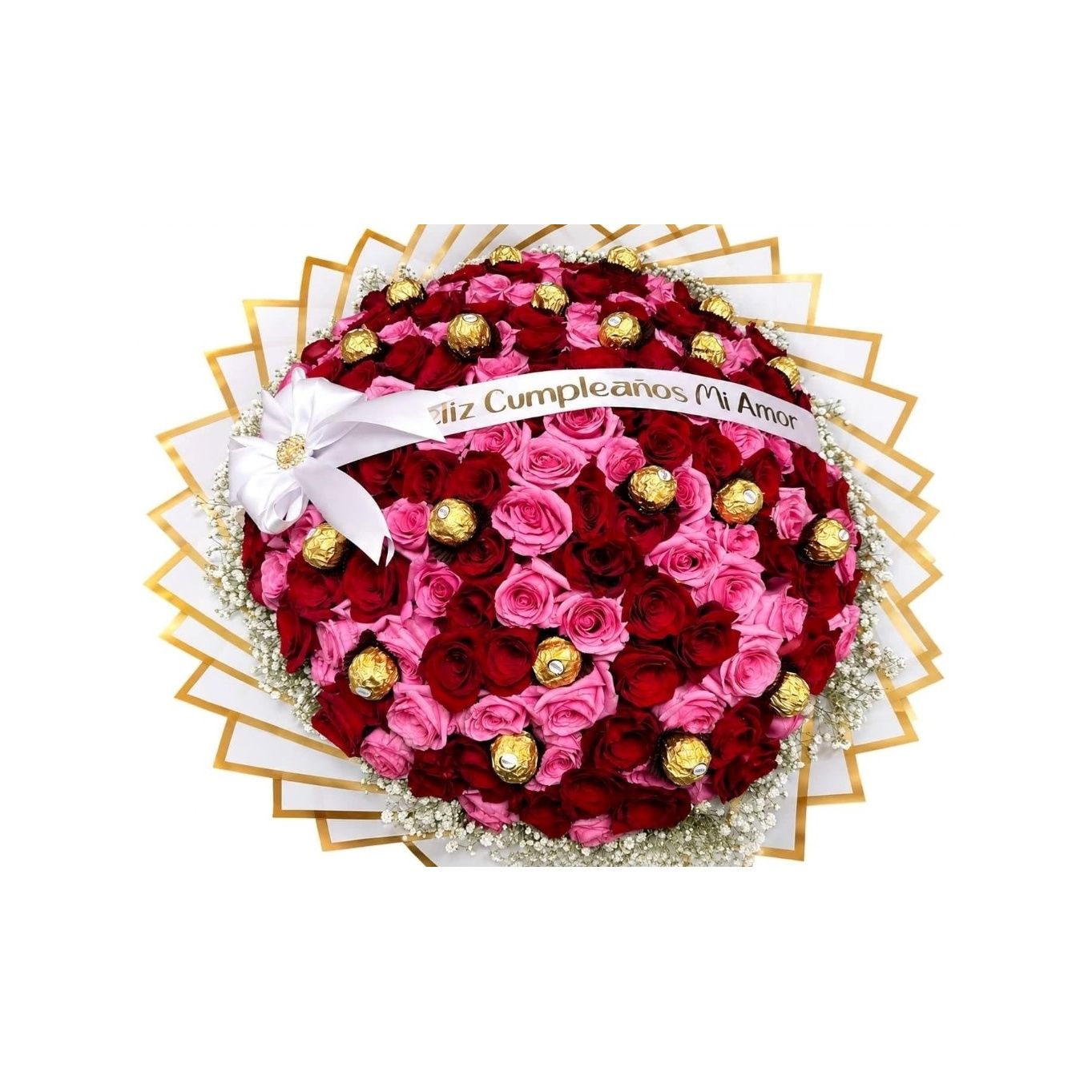 100 Pink & Red Roses Bouquet+ Ferreros Rocher + Banner + Baby Breath