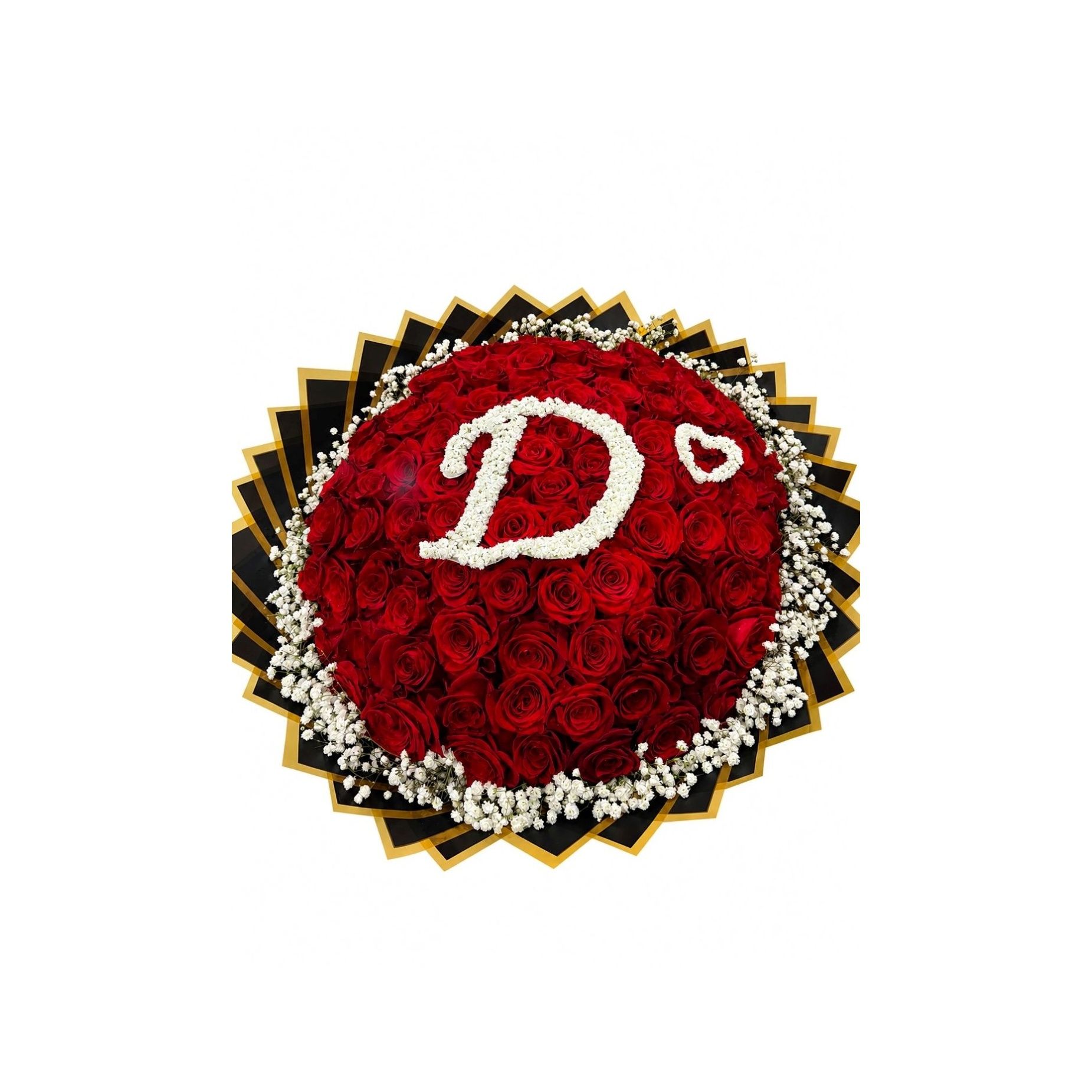 100 Roses + Custom Text Baby Breath