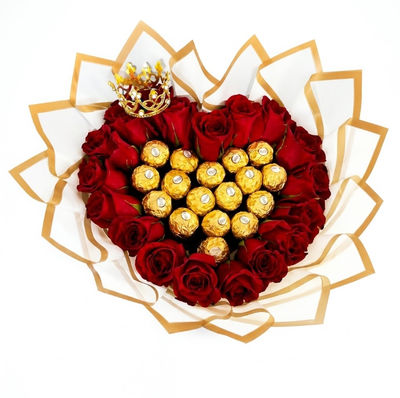 Bouquet of Red Roses With Ferreros Heart