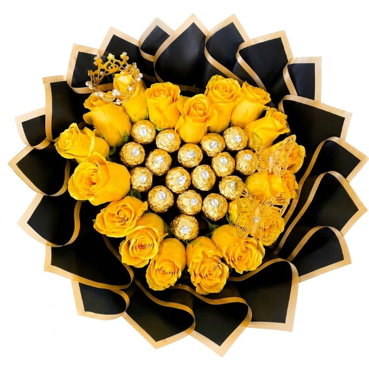 Bouquet of Yellow Roses With Ferreros Heart