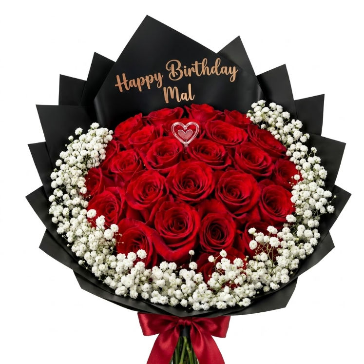 25 Red Roses plus Baby Breath