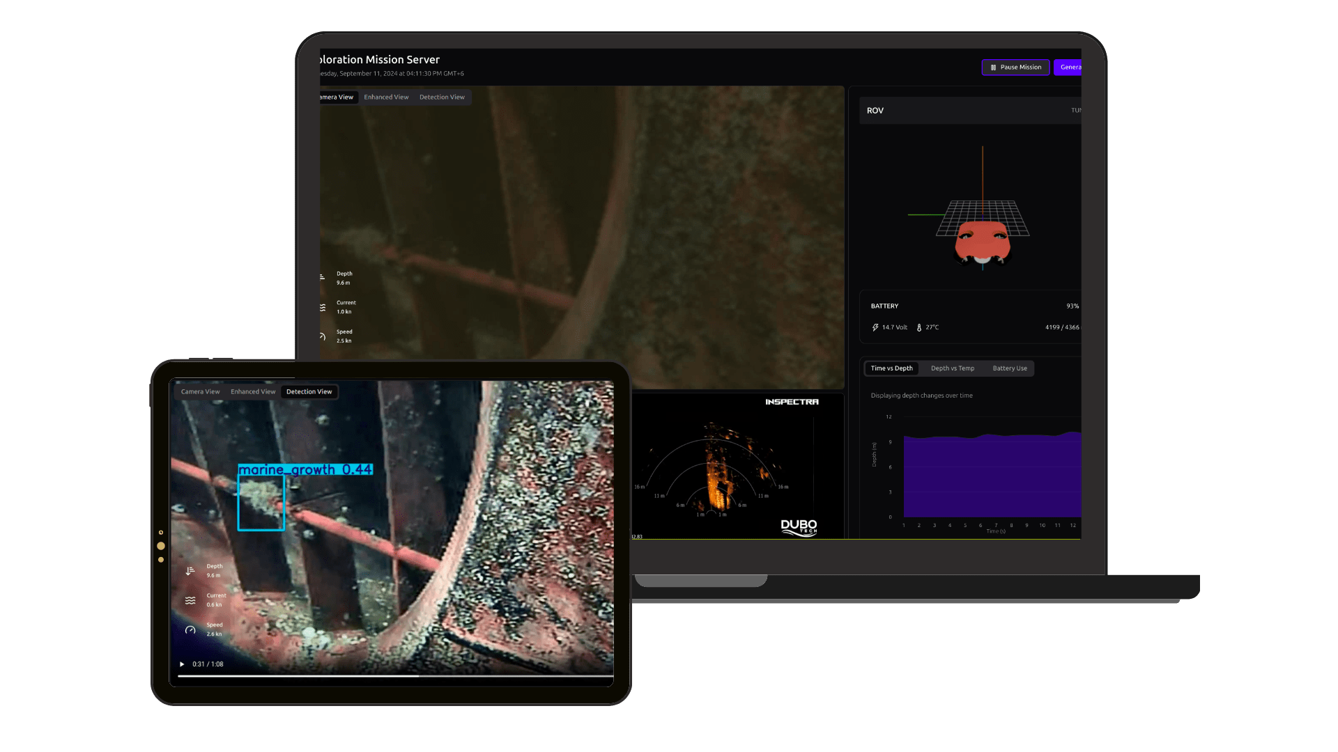 Screens showing mission preview and inspection analysis