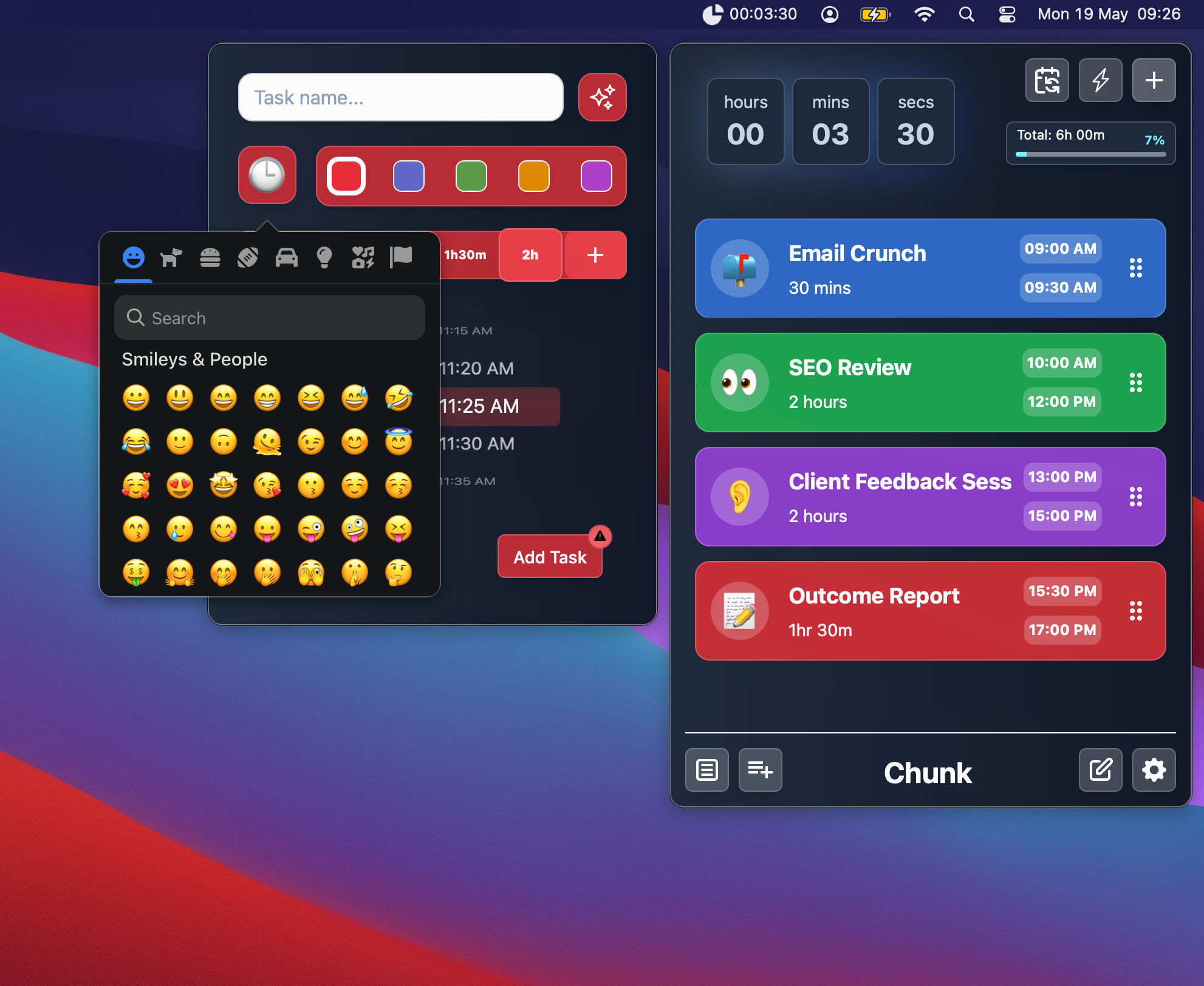 Dark mode of Chunk the time block planner for macOS