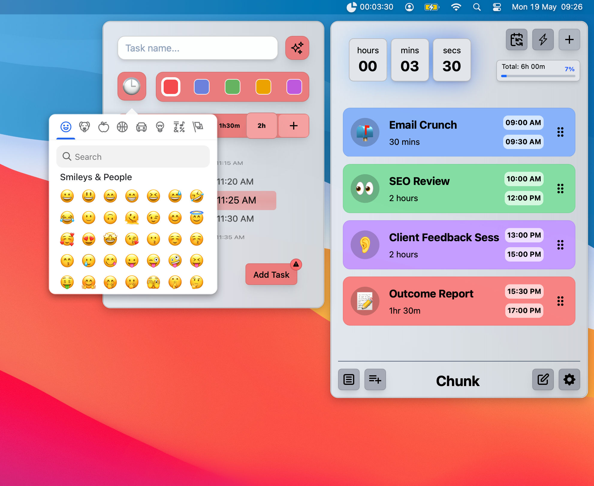 Light mode of Chunk the time block planner for macOS