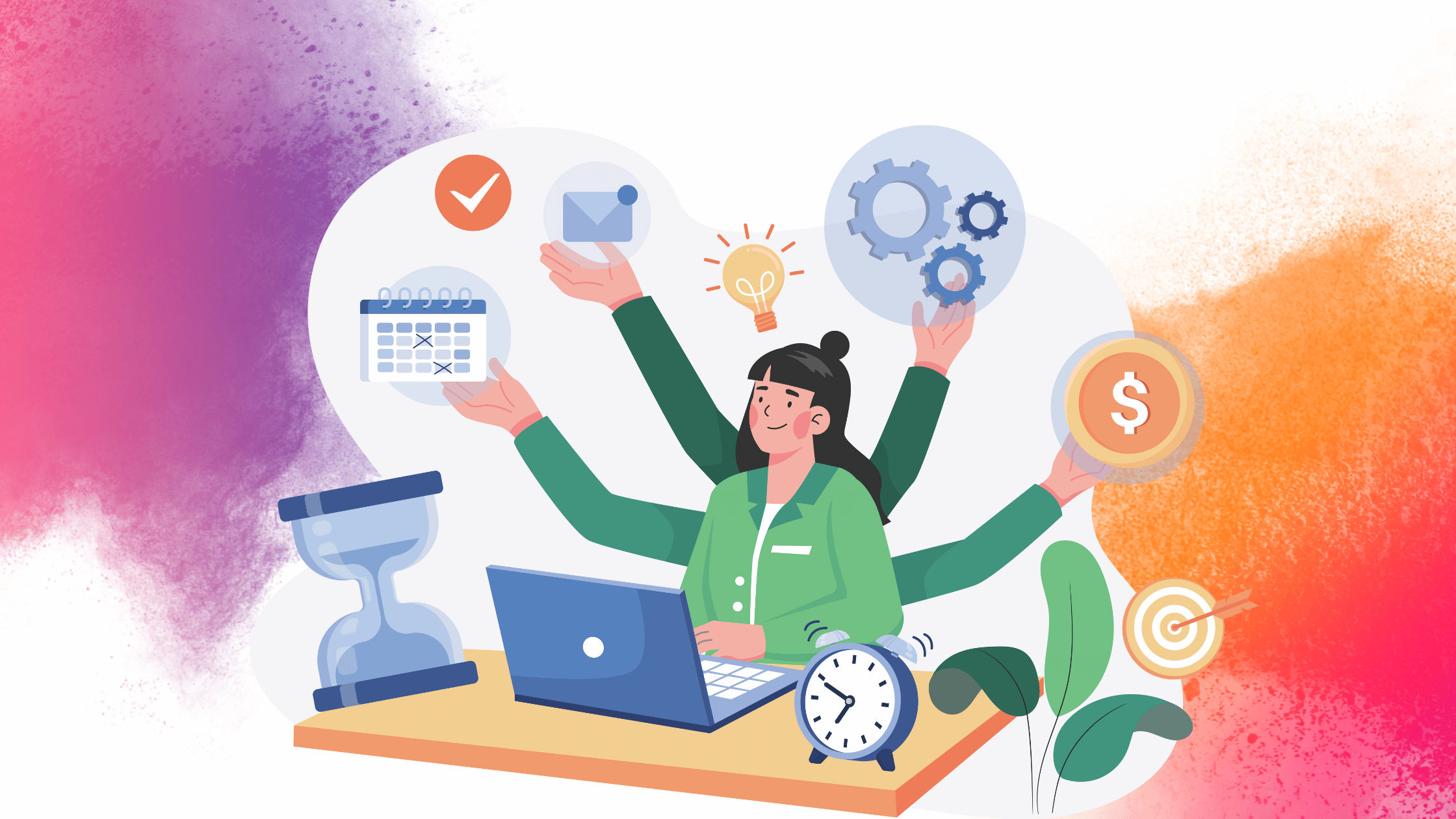 Graphic for top 6 ADHD productivity apps for adults, featuring time management and focus tools