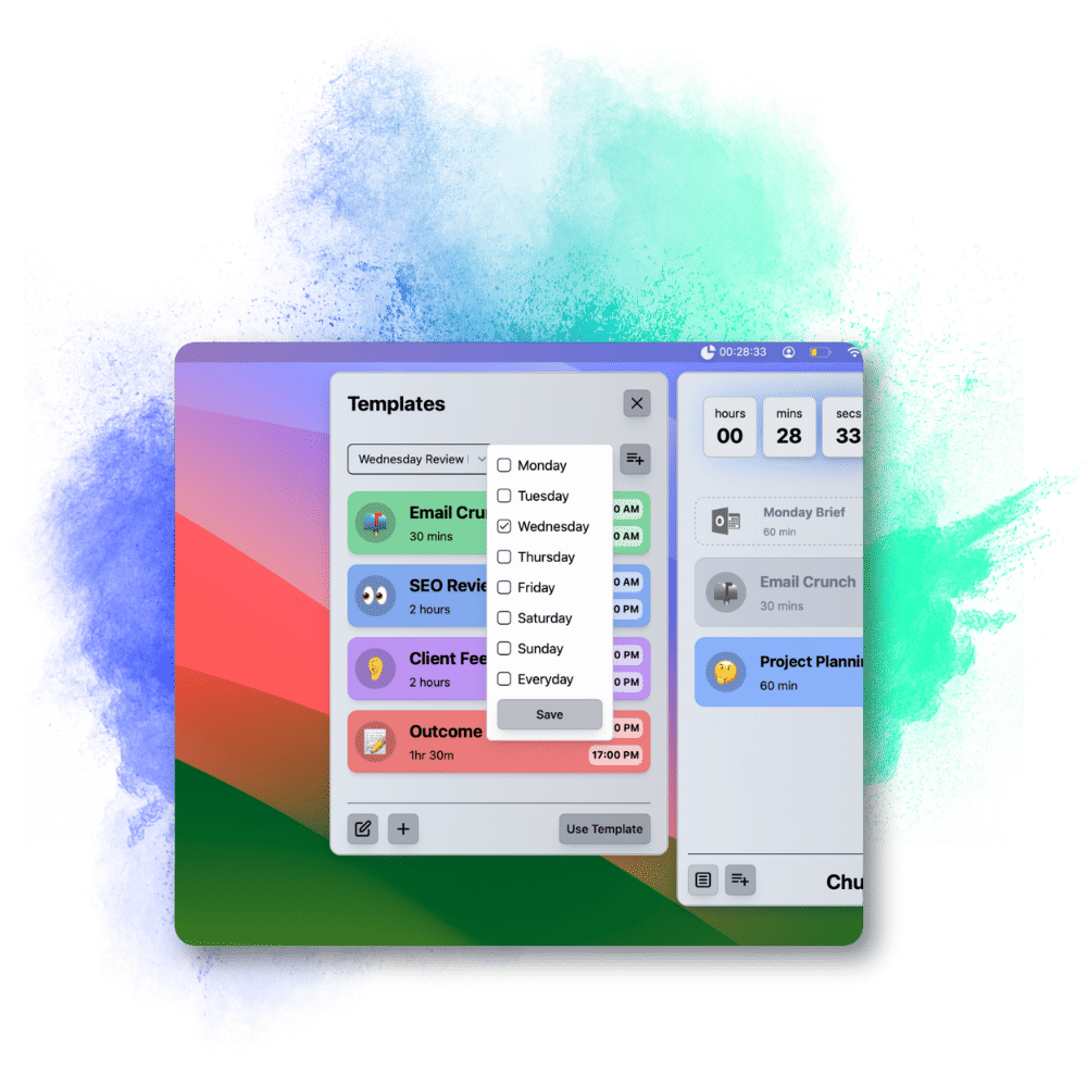 Time blocking template creation interface with automated routine scheduling options