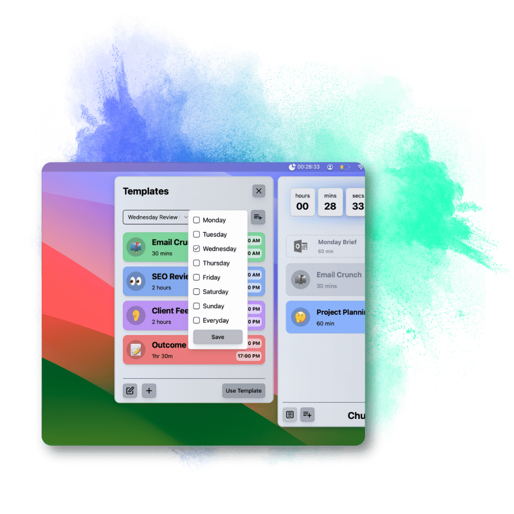 Time blocking template creation interface with automated routine scheduling options