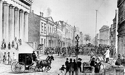 [View in Wall Street from Corner of Broadway; Engraving from Thirty Years' Progress of the United States] A view of Wall Street in 1867, when things were presumably simpler