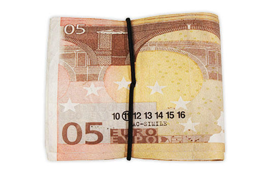 A Martin Margiela designed wallet, which has a leather interior and a Euro note exterior