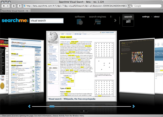 A screen capture of searchme.com searching for a phrase and not finding itself
