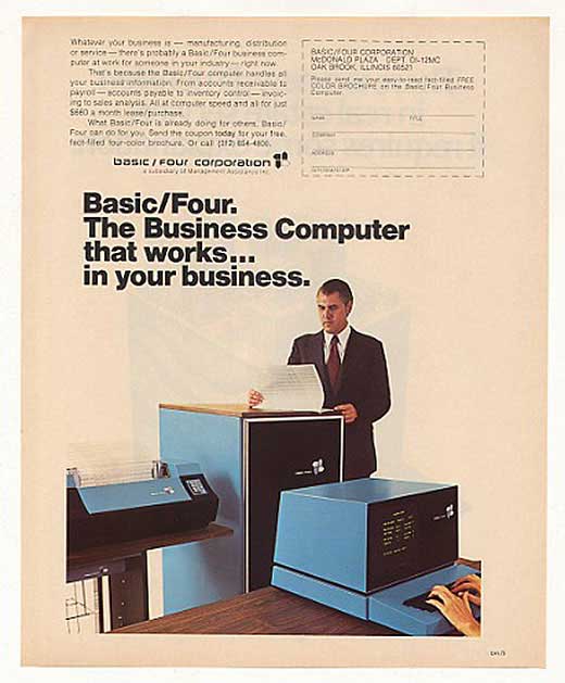 The Basic/Four business computer and other retro computer ads